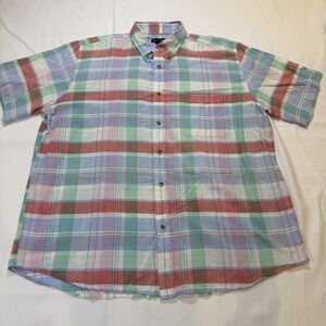 Lands End Men's XL Plaid Shirt Red Blue Yellow Short Sleeve Button Preppy Spring